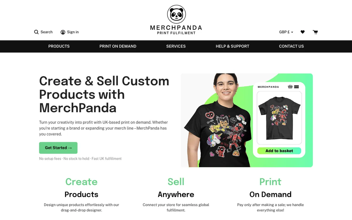 MerchPanda homepage. UK print-on-demand service for bespoke clothing creation with managed printing and shipping.
