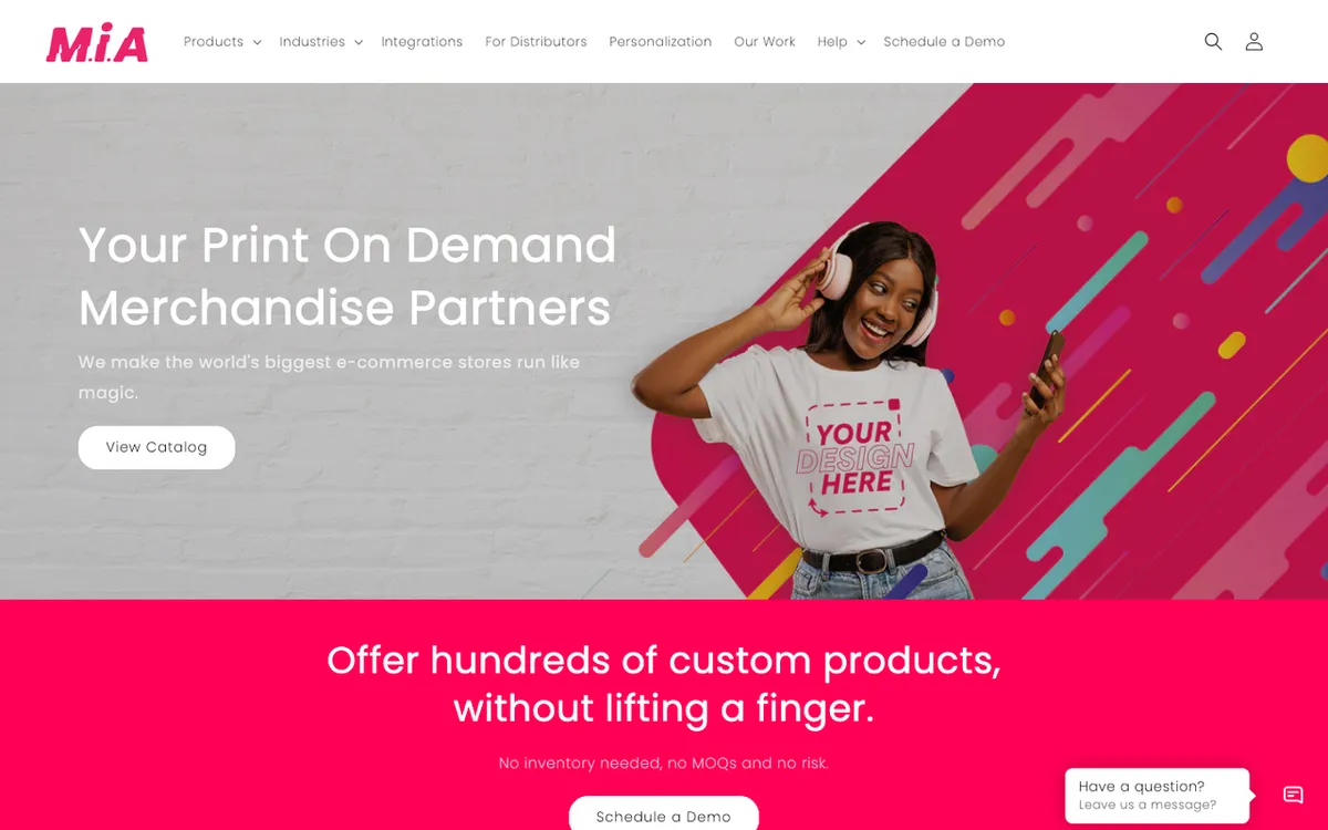 Mia Merchandise homepage. US print-on-demand service for ecommerce sellers of custom inventory-free products.