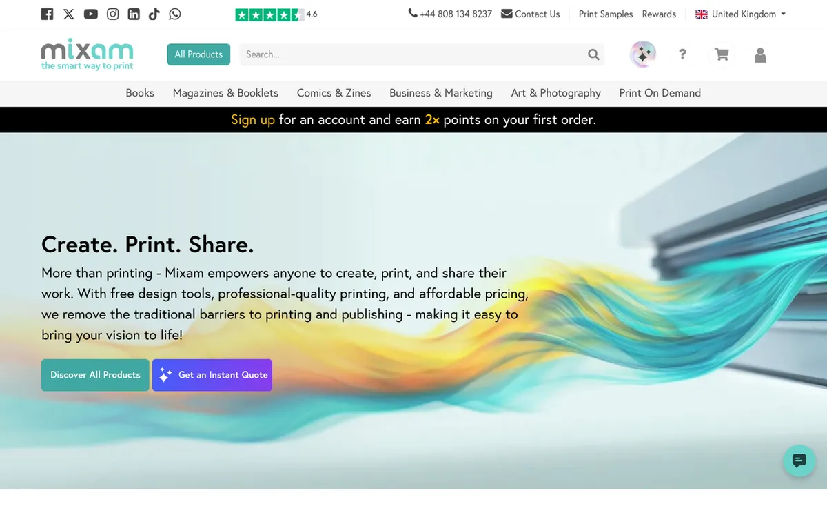 Mixam homepage. Print-on-demand publishing tool for books, magazines, comic books and notebooks with no inventory.
