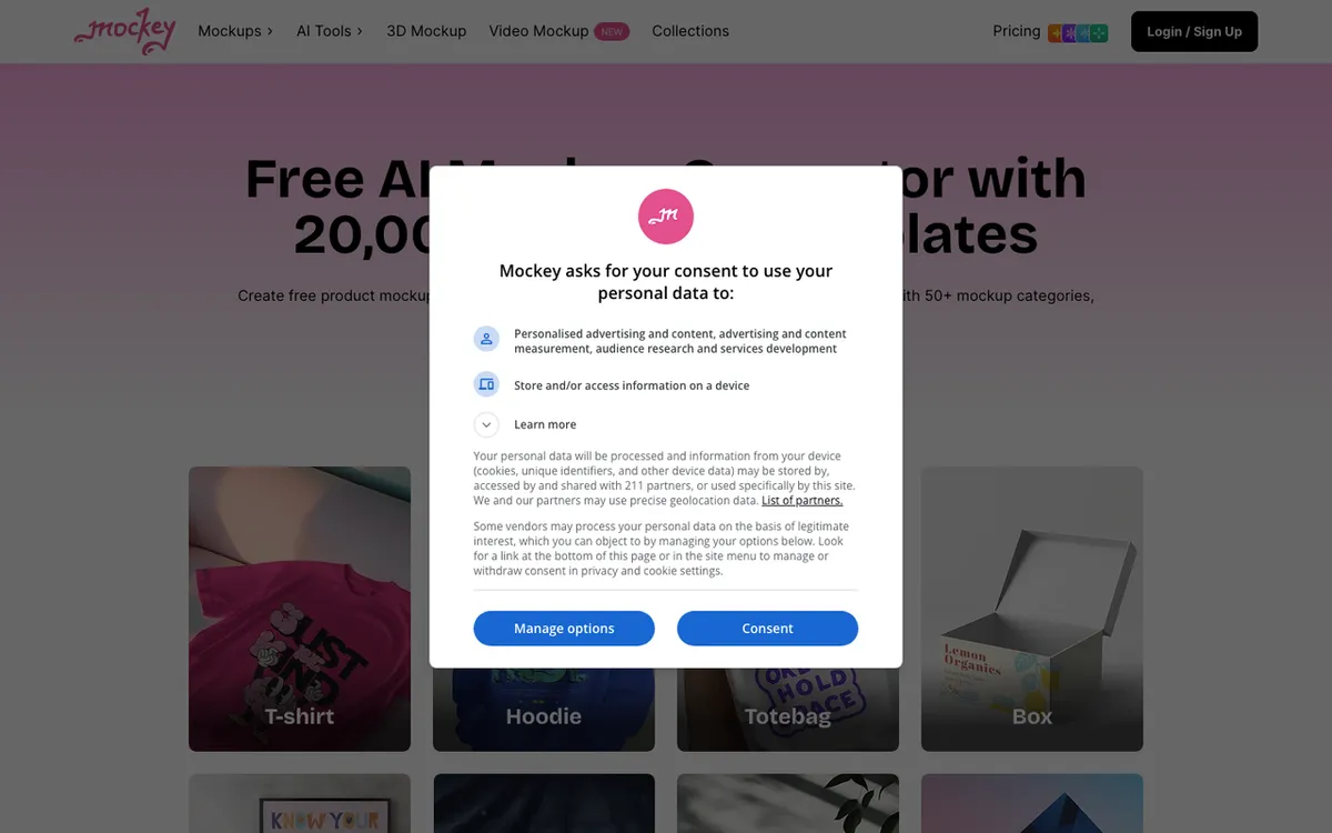 Mockey homepage. AI mockup generator with a catalogue of clothing, device, packaging and print templates.