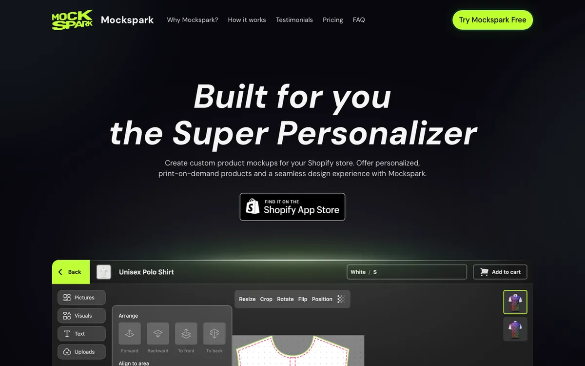 Mockspark homepage. Product personaliser tool letting merchants add customisable products with built-in design.