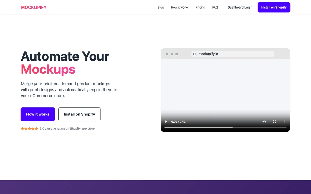 mockupify homepage. Tool merging design graphics with print-on-demand mockups for store export.