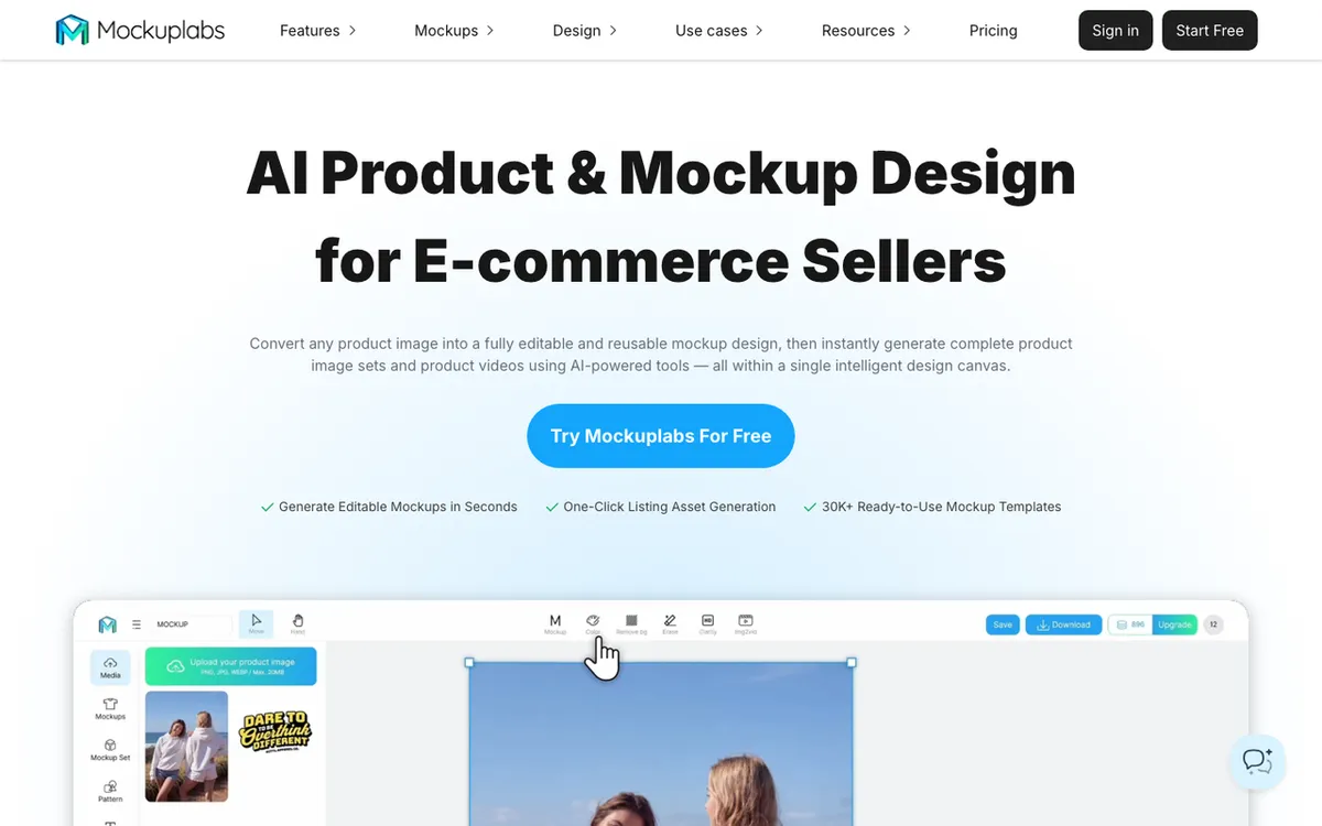 MOCKUPLABS AI homepage. AI mockup generator with 30,000+ templates ready for print-on-demand designs.