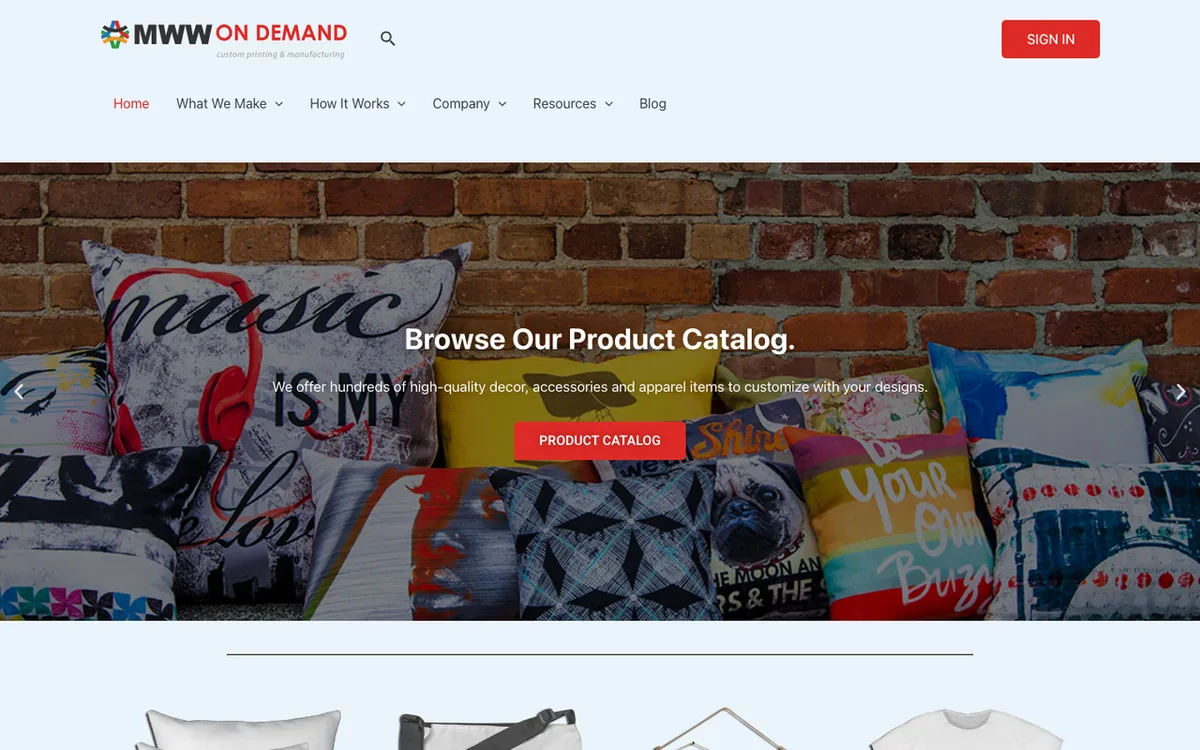 MWWondemand homepage. US print-on-demand maker of custom decor, accessories and apparel with handled fulfilment.