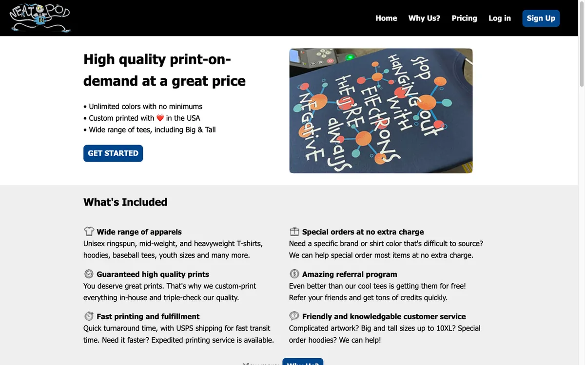 NeatoPOD homepage. US print-on-demand service for custom apparel with vibrant colours and fast fulfilment.