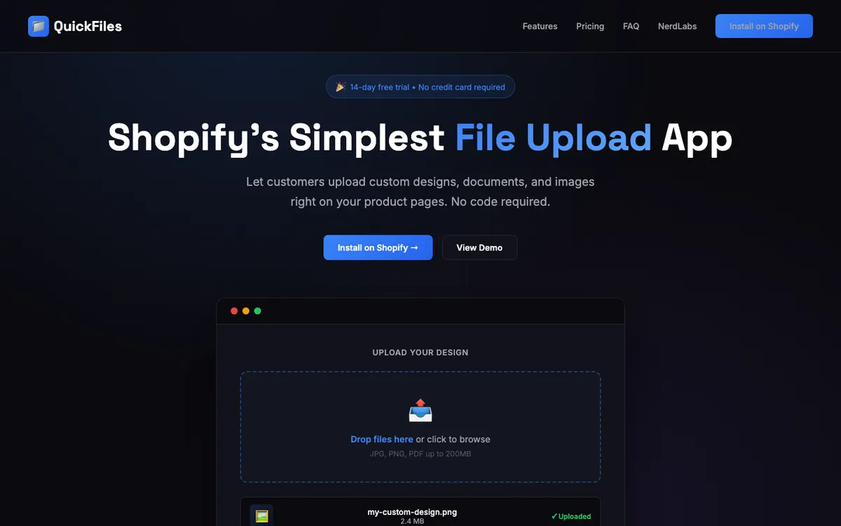 Nerd Labs homepage. QuickFiles Shopify tool letting customers drag-and-drop custom designs, documents and images on product pages.