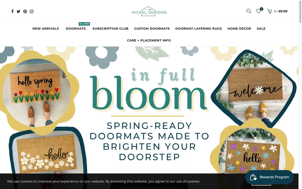 Nickel Designs homepage. US print-on-demand doormat dropshipper with eco-friendly coir mats and pay-as-you-go pricing.