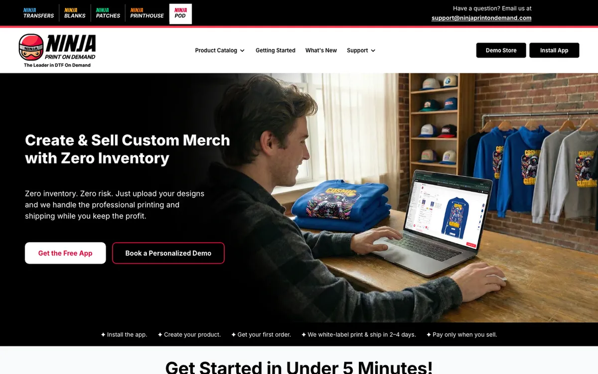Ninja Print on Demand homepage. NinjaPOD apparel service with 2,500+ products dropshipped from two mega facilities.