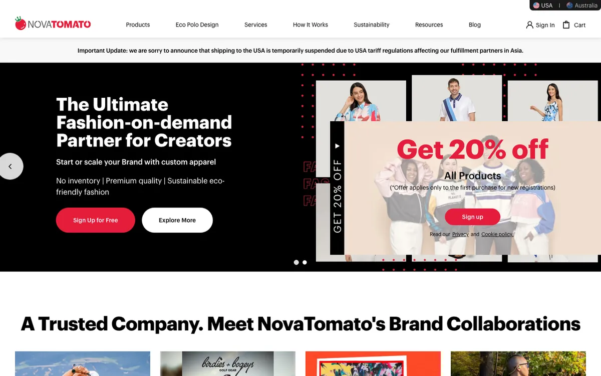 NovaTomato homepage. Global print-on-demand supplier for custom clothing with dropshipping and bulk-order options.
