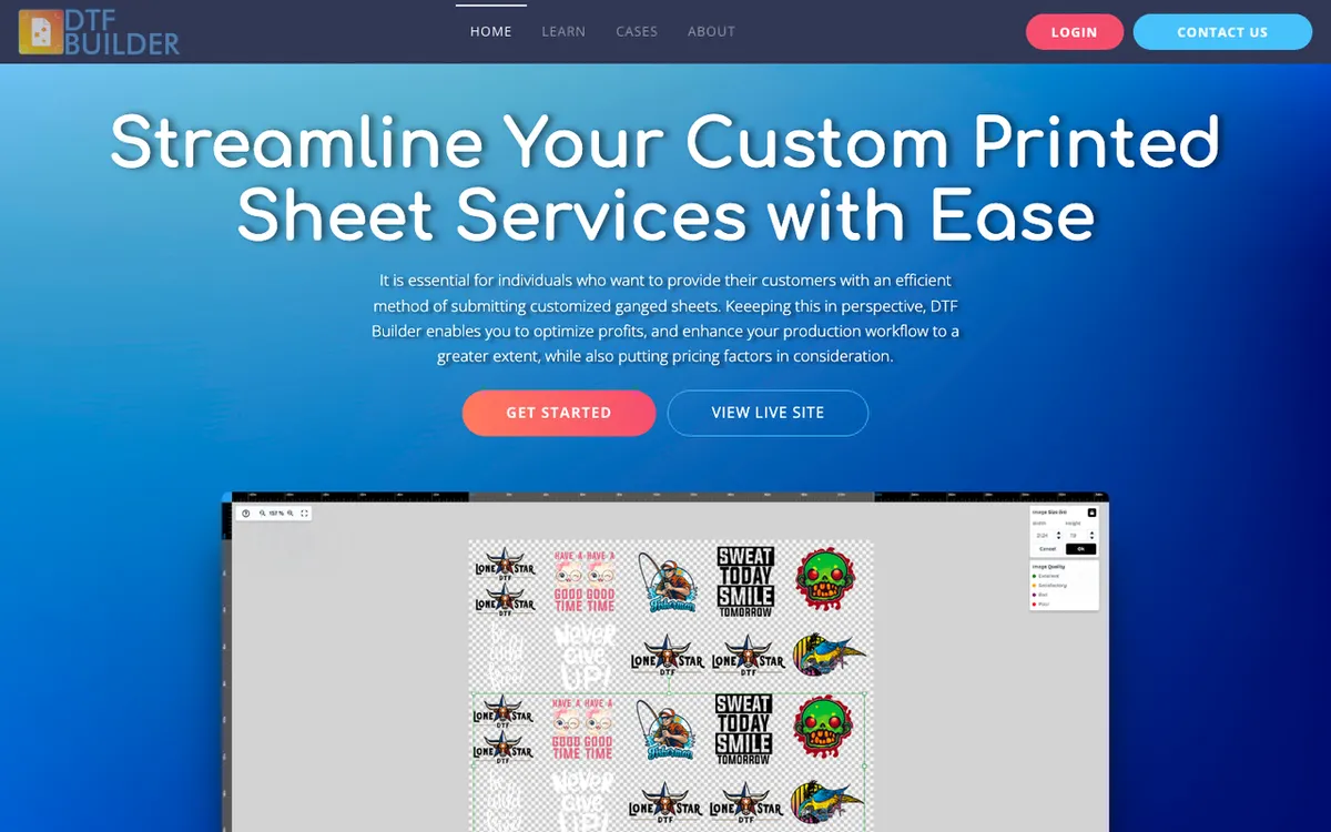 NuFlo Graphix homepage. Tool letting print customers upload multiple images that auto-nest onto a canvas.