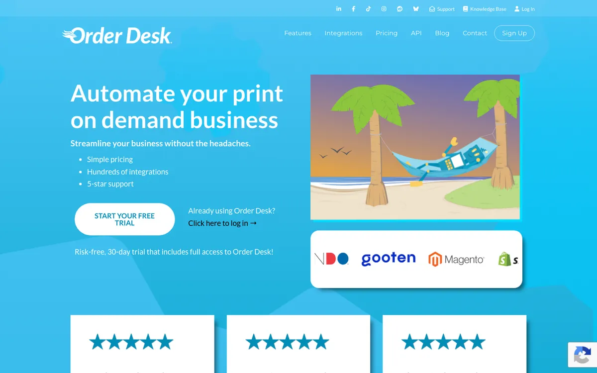 Order Desk homepage. US multi-supplier order routing connecting Shopify, Etsy and Amazon to POD suppliers.