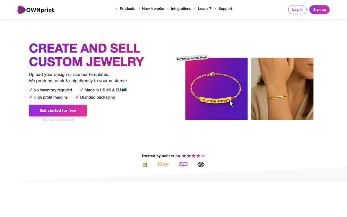 OwnPrint homepage. Print-on-demand jewellery service letting users upload designs and sell without inventory.