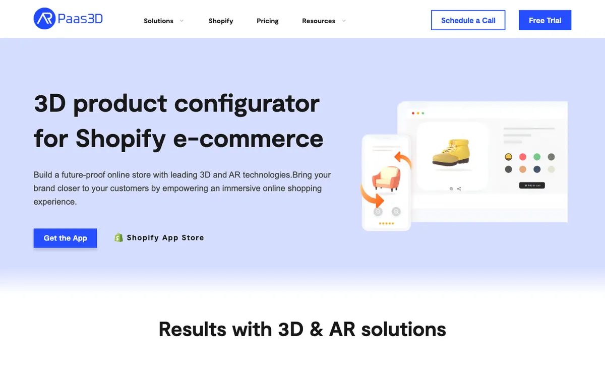 Paas3D homepage. Product customiser tool with free 3D and AR previews and a product page builder.