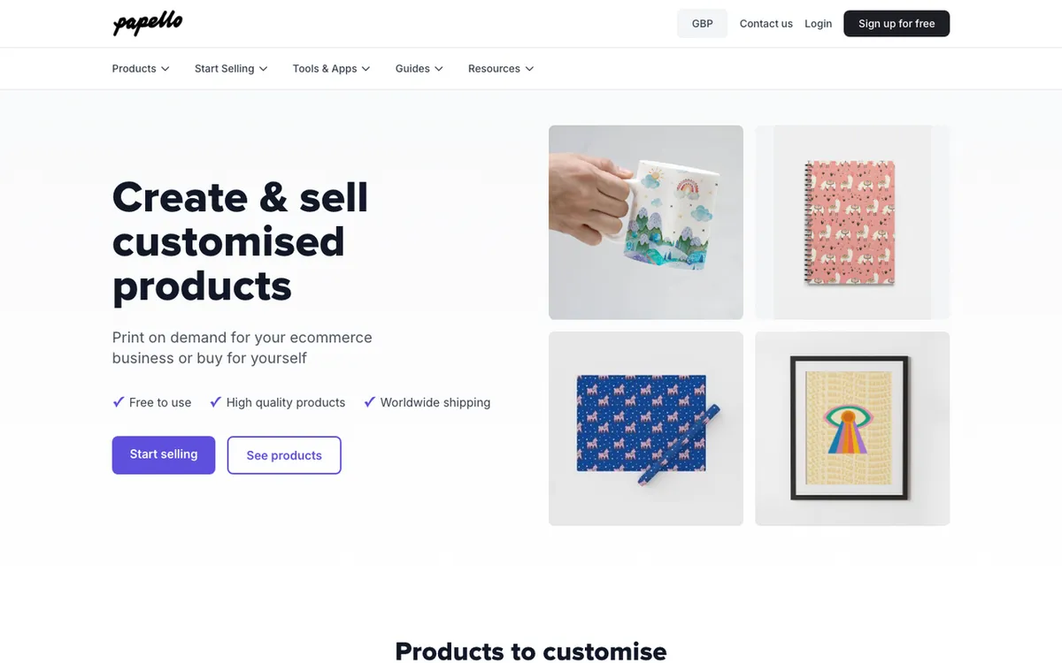 Papello homepage. UK print-on-demand service for customising and selling products through ecommerce platforms.