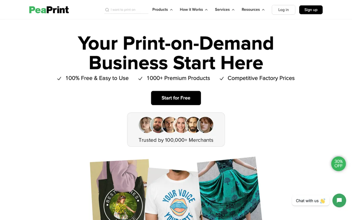 PeaPrint homepage. Global print-on-demand platform connecting merchants to a wide product catalogue.