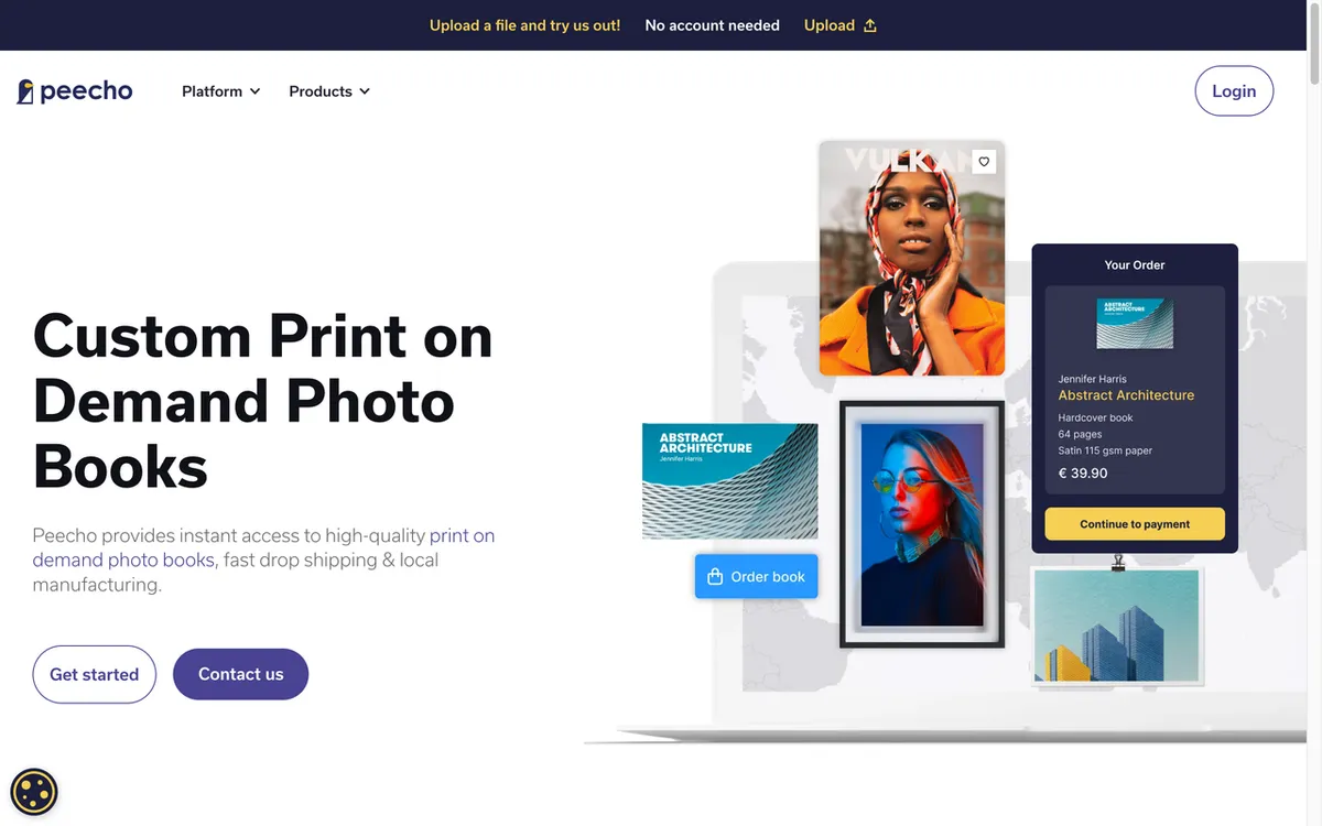 Peecho homepage. EU print-on-demand platform with a white-label printing API for ecommerce sellers of canvases and photo prints.