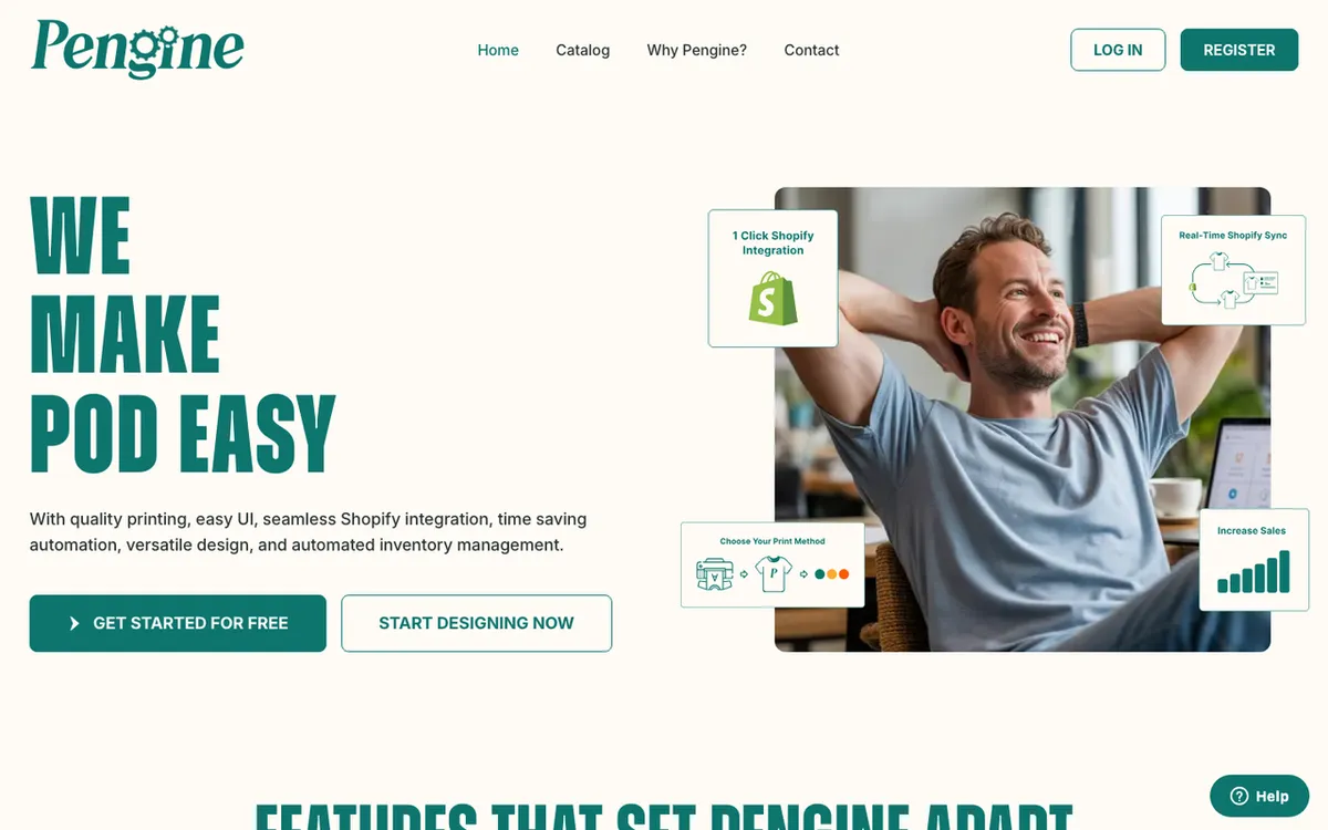 Pengine homepage. Print-on-demand tool handling product mockups, printing and shipping for custom apparel.