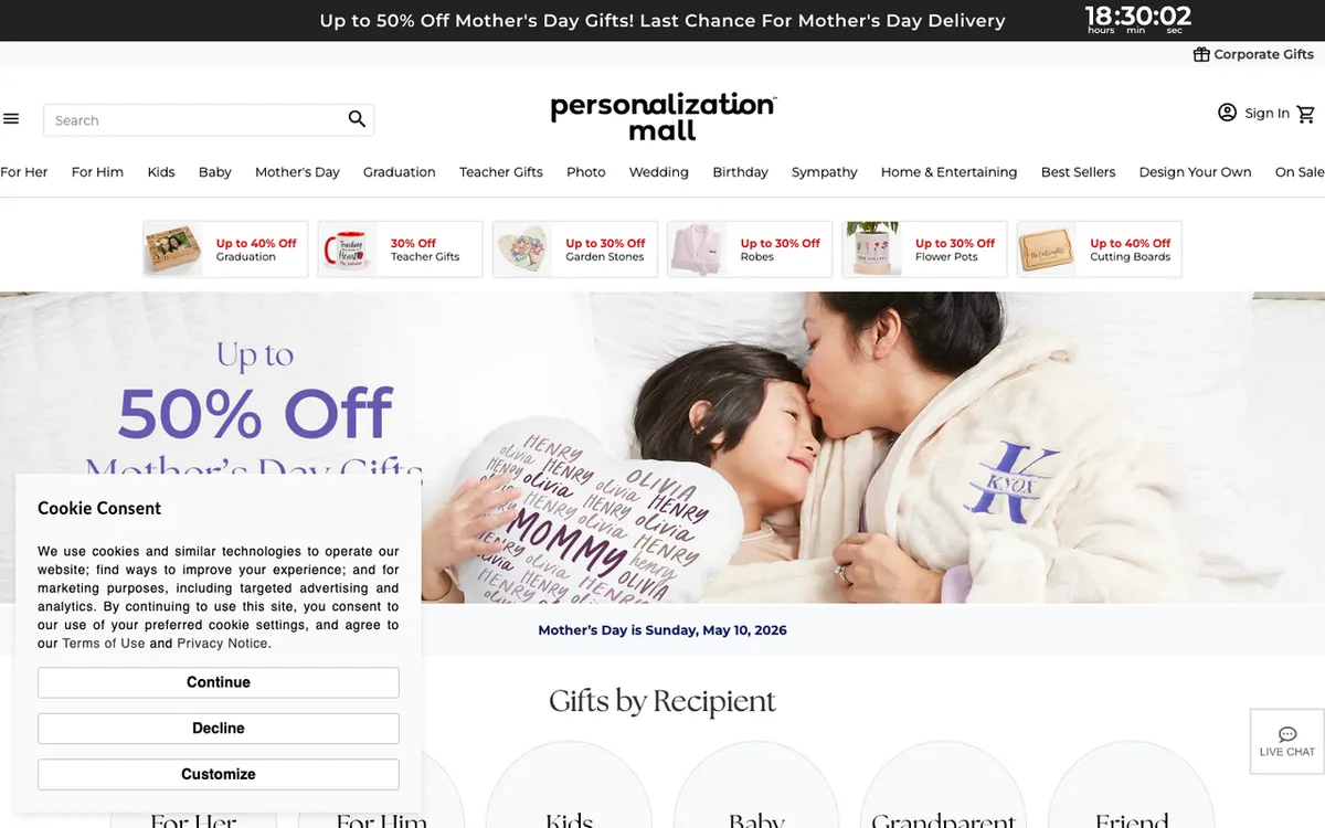 Personalization Mall homepage. US personalised gifts platform with jewellery, home decor and engraved goods.