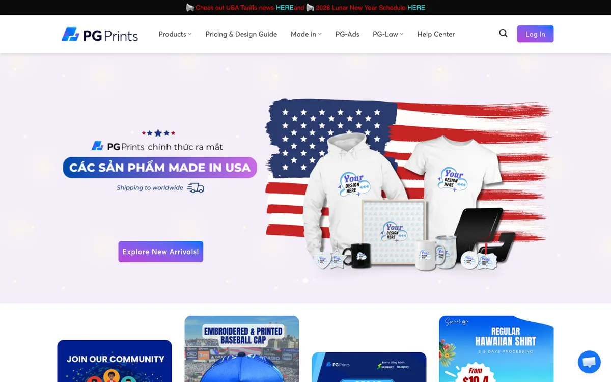 PGPrints homepage. Print-on-demand fulfilment app for all-over-print garments and custom products.