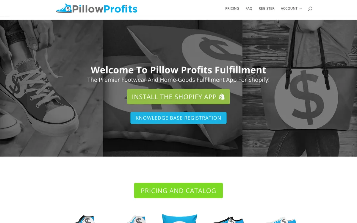 Pillow Profits homepage. US POD focused on cushions, blankets, all-over-print shoes and home decor.