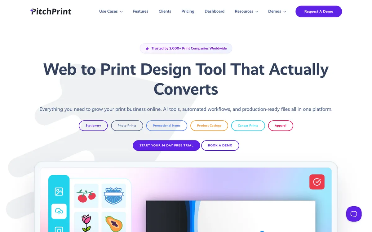 PitchPrint homepage. Web-to-print platform for customer personalisation across stationery, promo and canvas prints.