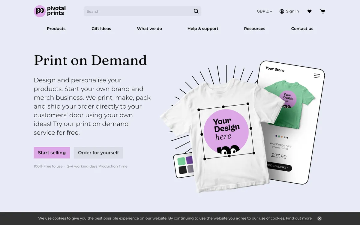Pivotal Prints homepage. Print-on-demand supplier site.