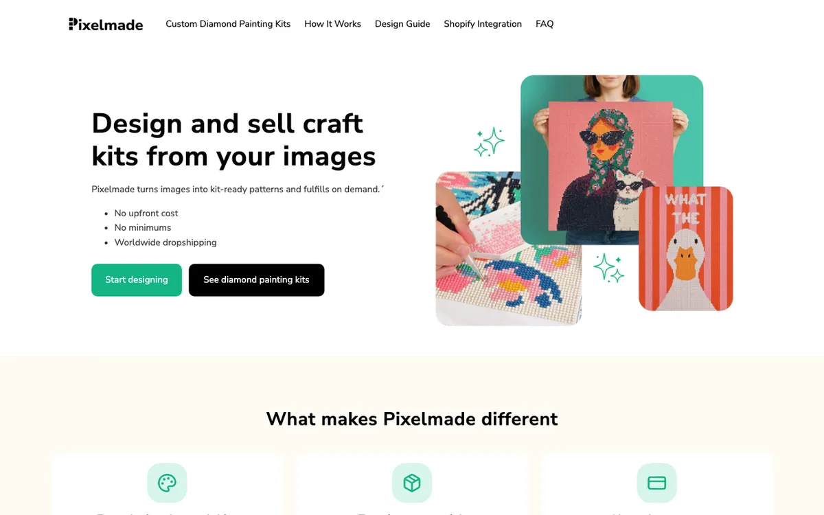 PixelMade homepage. Print-on-demand dropshipping tool for designing custom diamond paintings and craft kits.