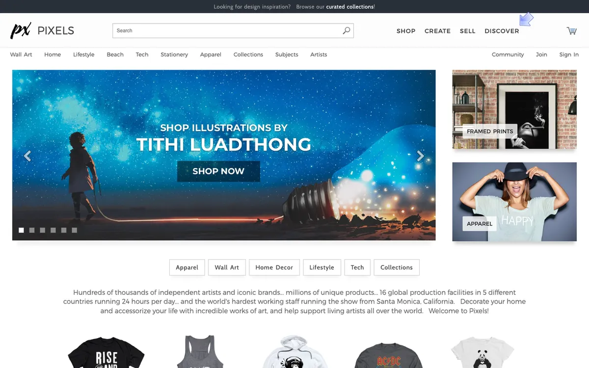Pixels.com homepage. Print-on-demand marketplace selling wall art, apparel and phone cases.