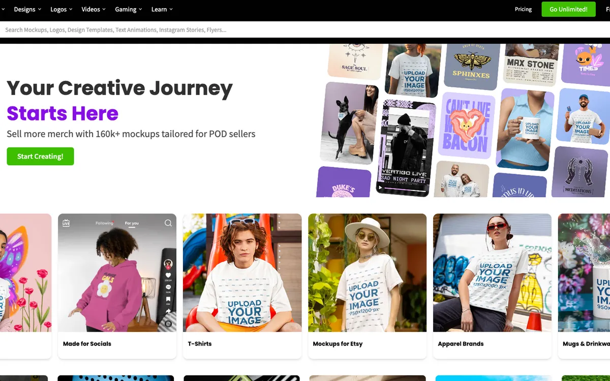 Placeit homepage. Envato-owned design and mockup generator with 100,000+ templates for POD sellers.