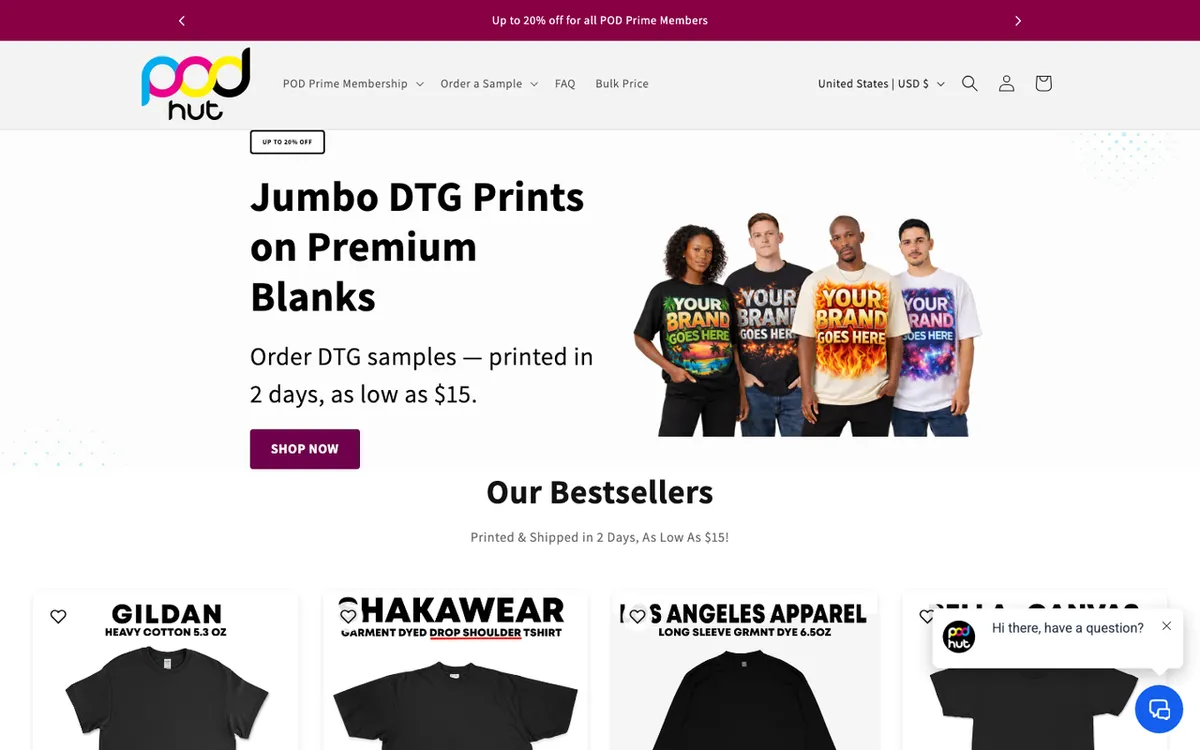 POD Hut homepage. Print-on-demand dropshipping service handling production and shipping to customers.