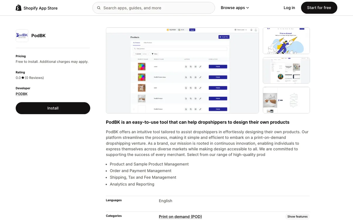 PODBK homepage. Print-on-demand tool helping dropshippers design their own custom products.