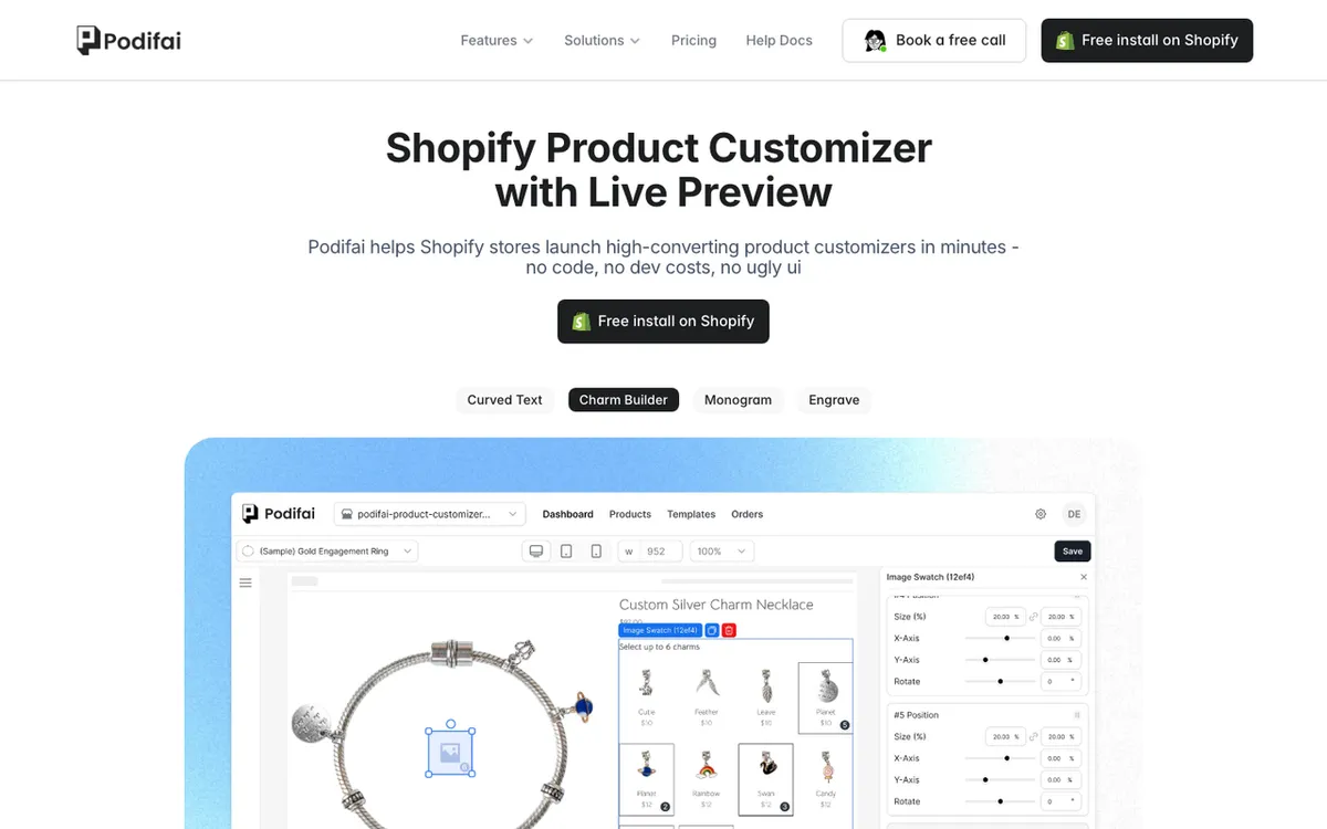 Podifai homepage. Product options and variant tool with live preview for personalised stores.