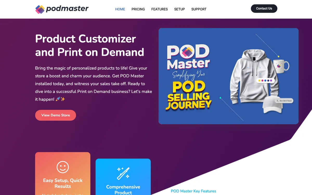 PodMaster homepage. Product customiser app for creating and selling custom print-on-demand products.