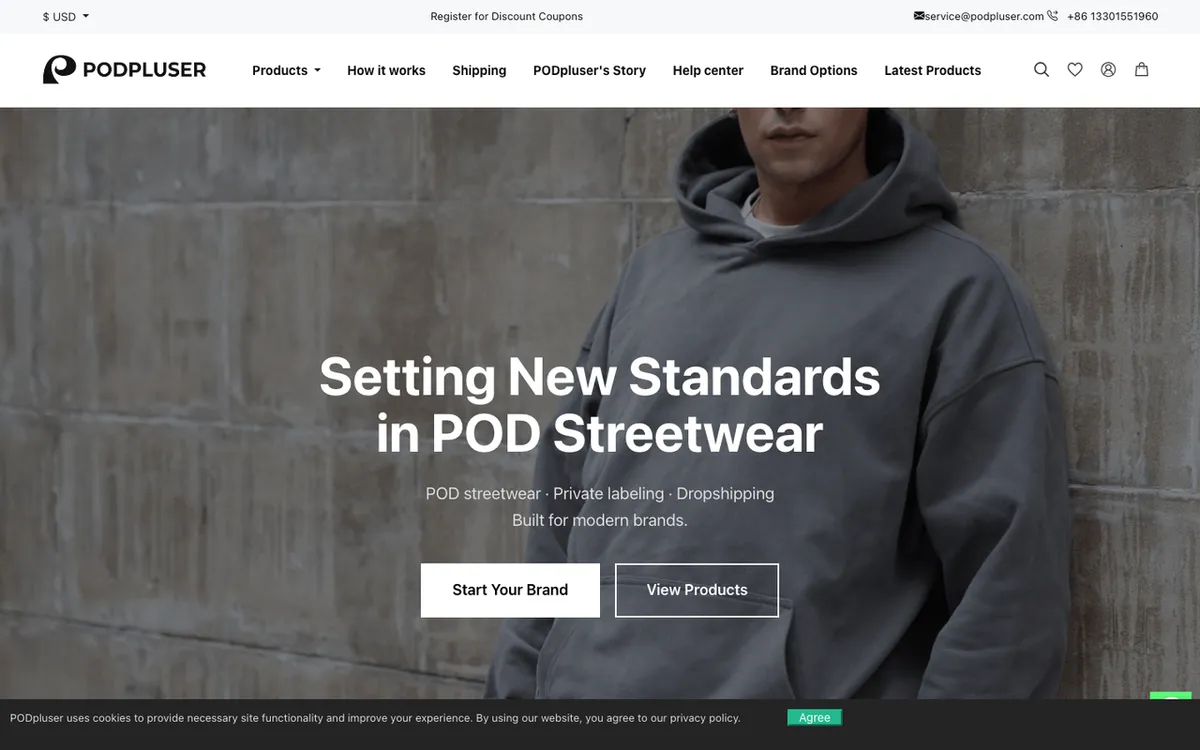 PODpluser homepage. Custom clothing manufacturer and global print-on-demand dropshipping service.
