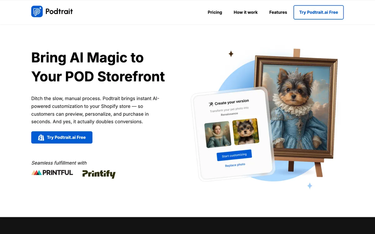 podtrait.ai homepage. AI product personaliser turning customer photos into print-on-demand designs.