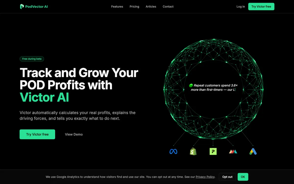 podvector homepage. Victor AI analyst tool for Printify and Printful sellers covering profit, ads and growth.