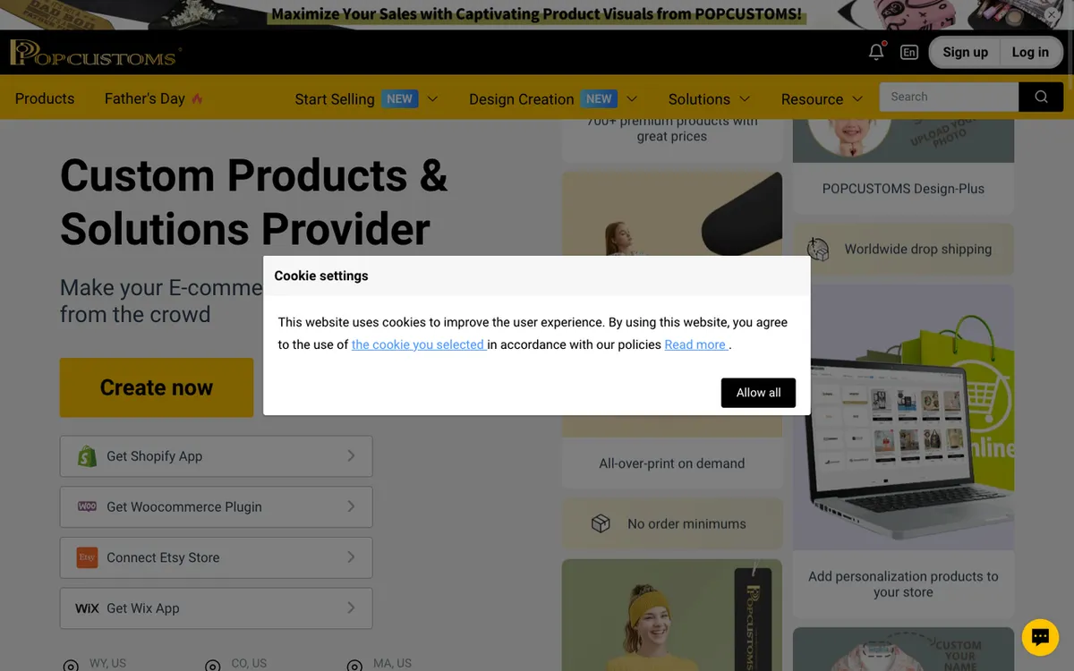 PopCustoms homepage. Print-on-demand supplier with branding options and ecommerce platform integrations.