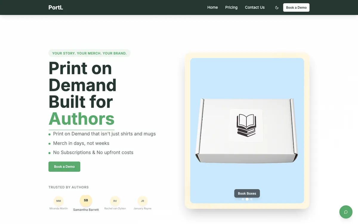 PortalPrints homepage. PortL US print-on-demand service for authors selling book-inspired merch with fast delivery.