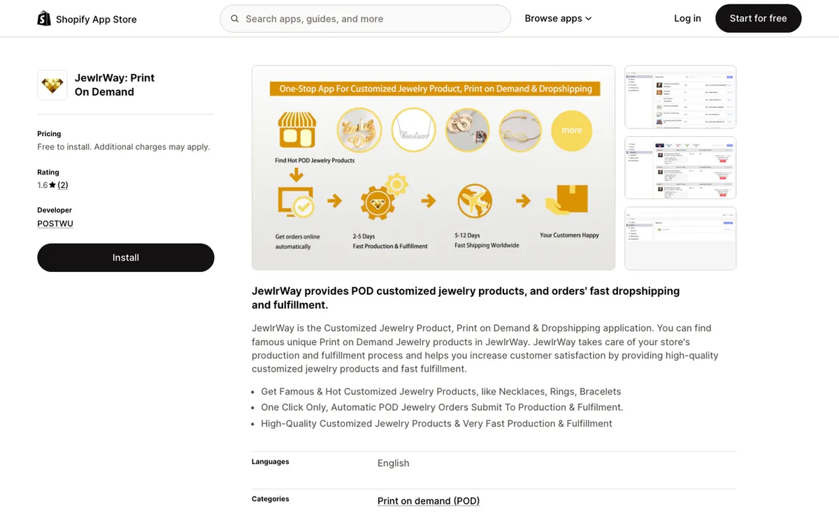 POSTWU homepage. Print-on-demand jewelry supplier and Shopify dropshipping app under the JewlrWay brand.