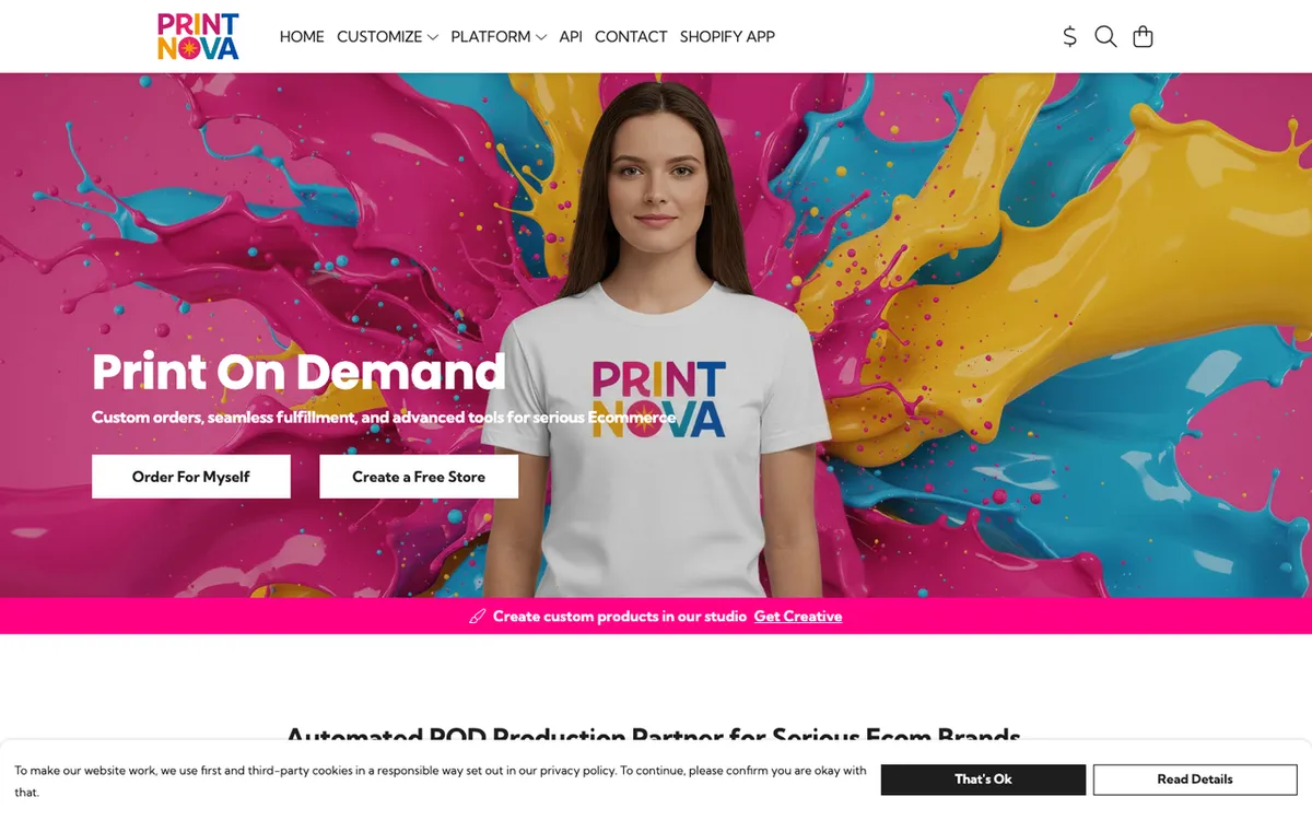 Print Nova homepage. AI-powered print-on-demand partner for Shopify automating orders, marketing and fulfilment.