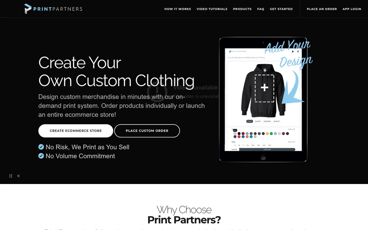 Print Partners homepage. End-to-end direct-to-garment printing and fulfilment service for POD stores.