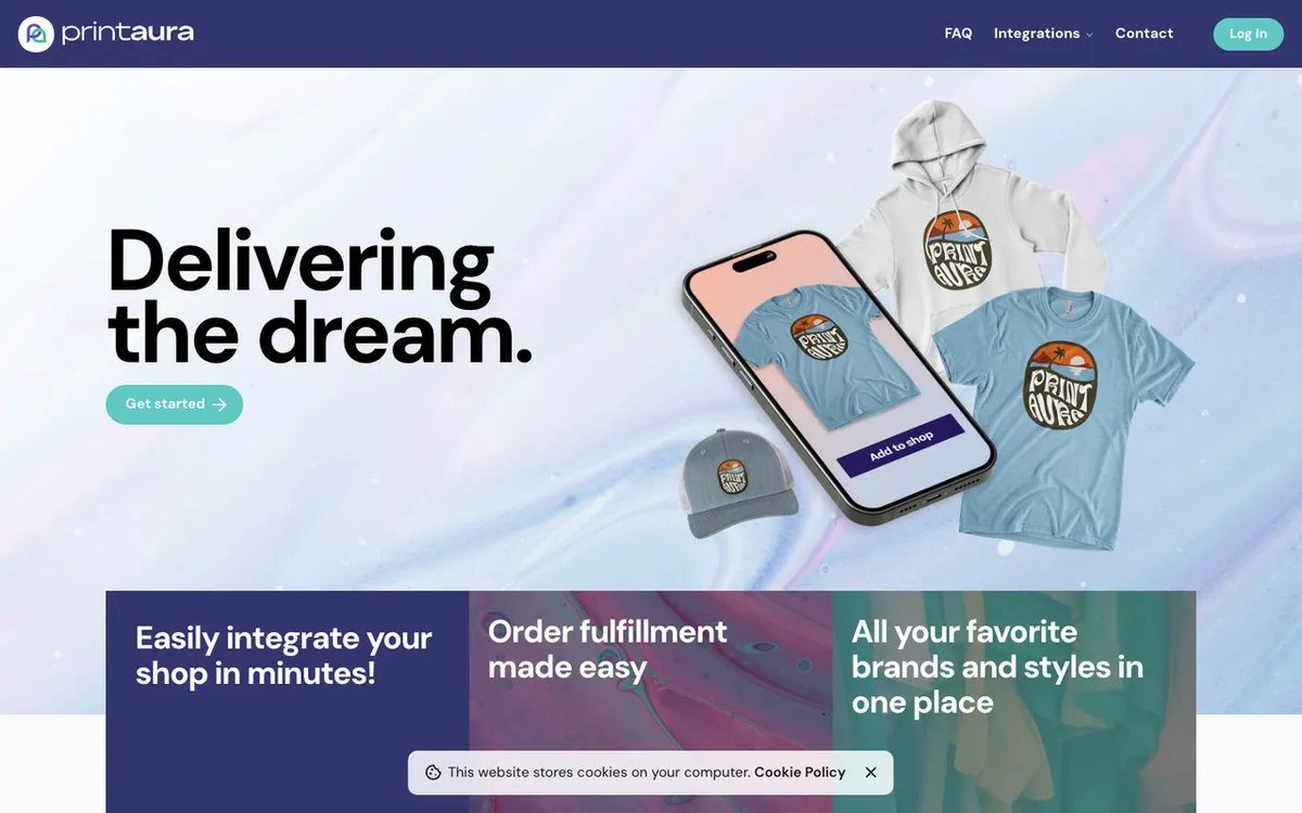 PrintAura homepage. US print-on-demand supplier with direct-to-garment printing, no minimums and online-store integration.