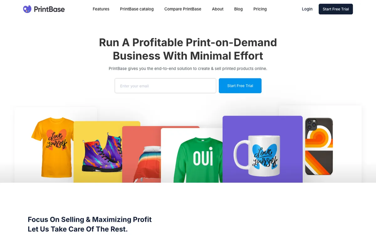 Printbase homepage. Print-on-demand supplier with an integrated platform for online stores and order fulfilment.