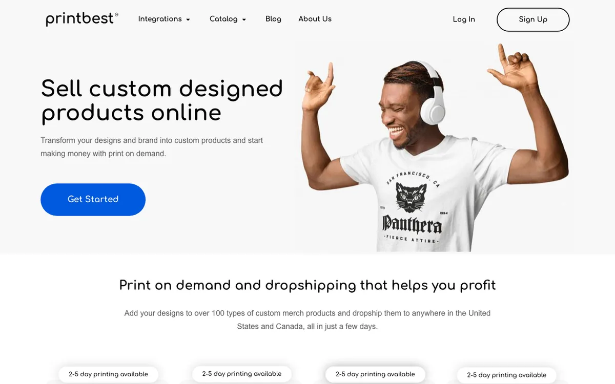 PrintBest homepage. US print-on-demand service printing and dropshipping merchandise for small businesses.