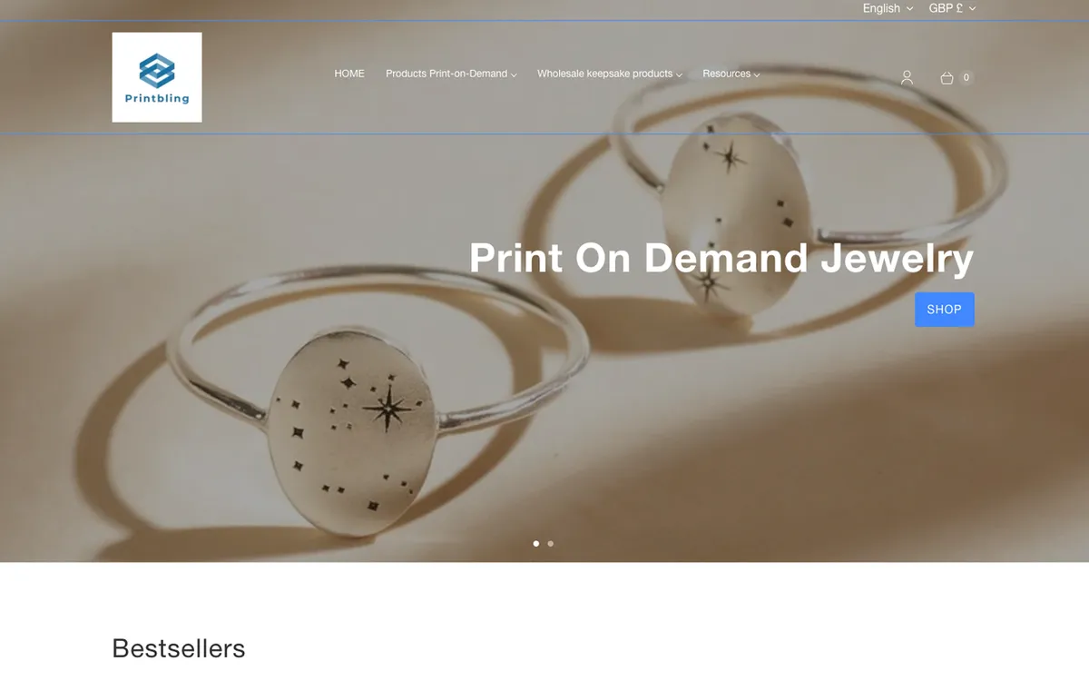 Printbling homepage. Print-on-demand jewellery supplier offering engravable rings, necklaces and pendants.