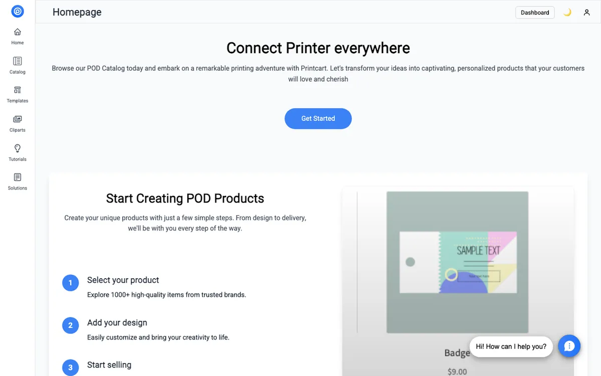 PRINTCART homepage. Web-to-print tool letting stores add product design and customisation.