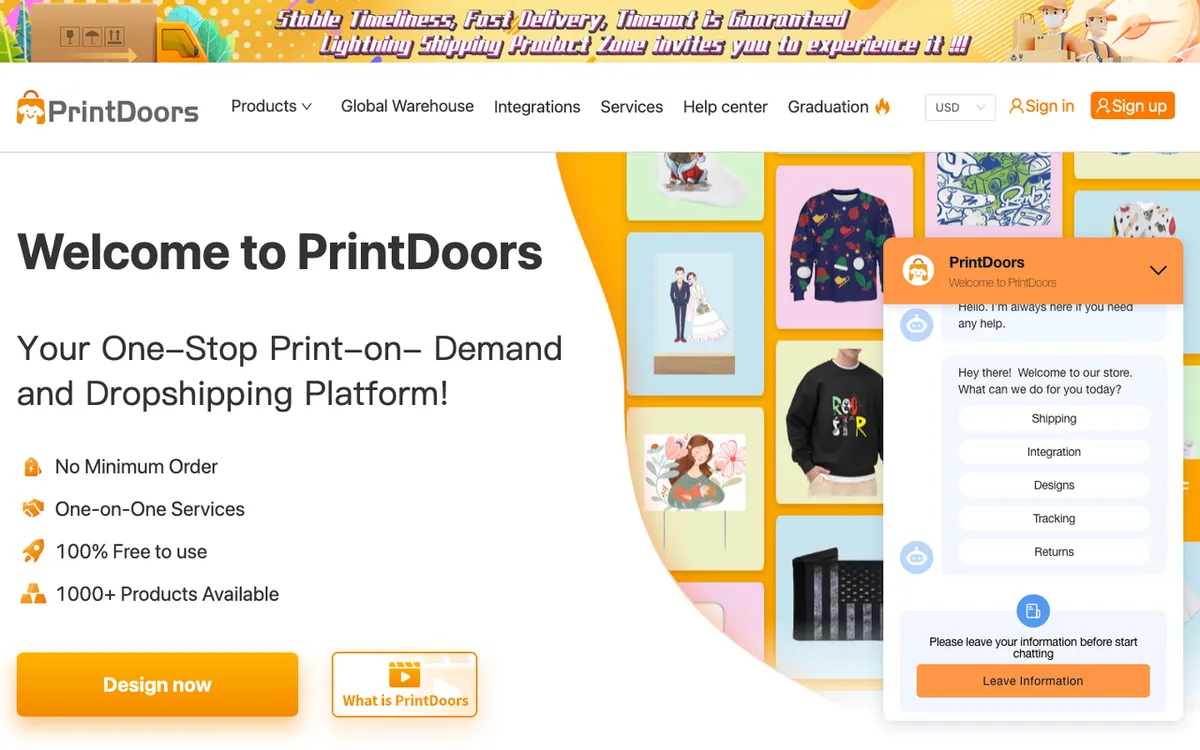 Printdoors homepage. Print-on-demand and dropshipping platform for prints, laser engravings and personalised goods.