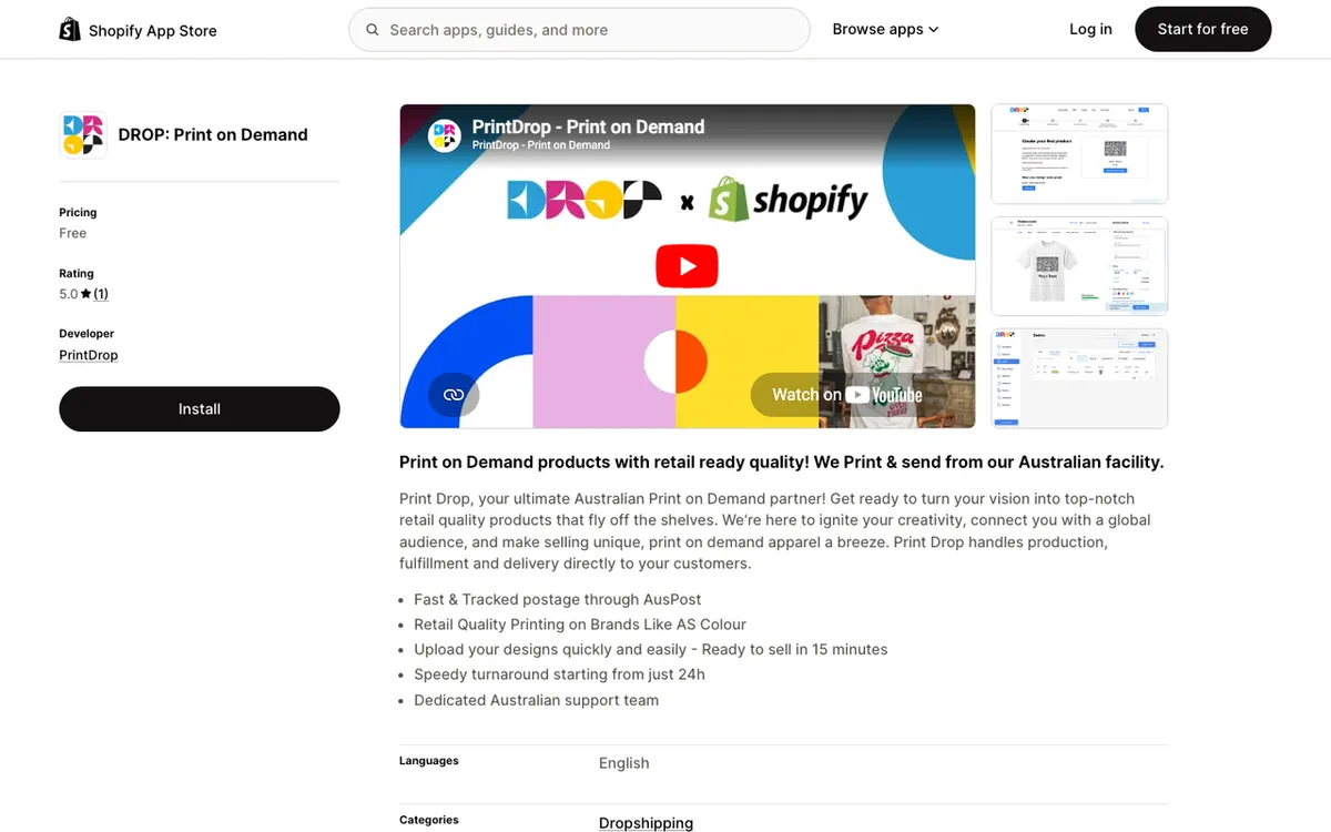 PrintDrop homepage. Australian print-on-demand service shipping retail-quality products from a local facility.