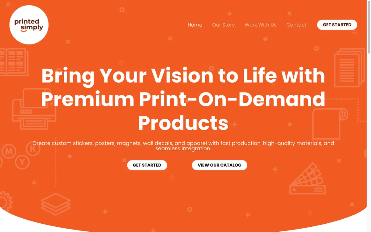 Printed Simply homepage. US print-on-demand service for custom stickers, posters and apparel with fast production.