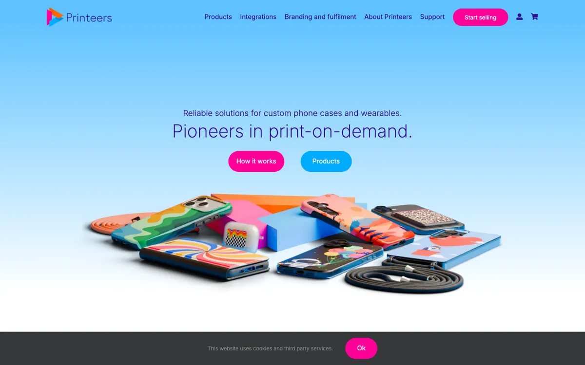 Printeers homepage. EU print-on-demand service for custom phone cases and wearables with shop integrations.